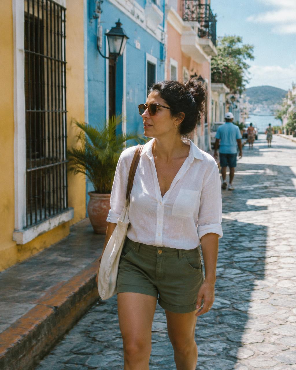 Mujer caminando por una calle colorida del casco histórico